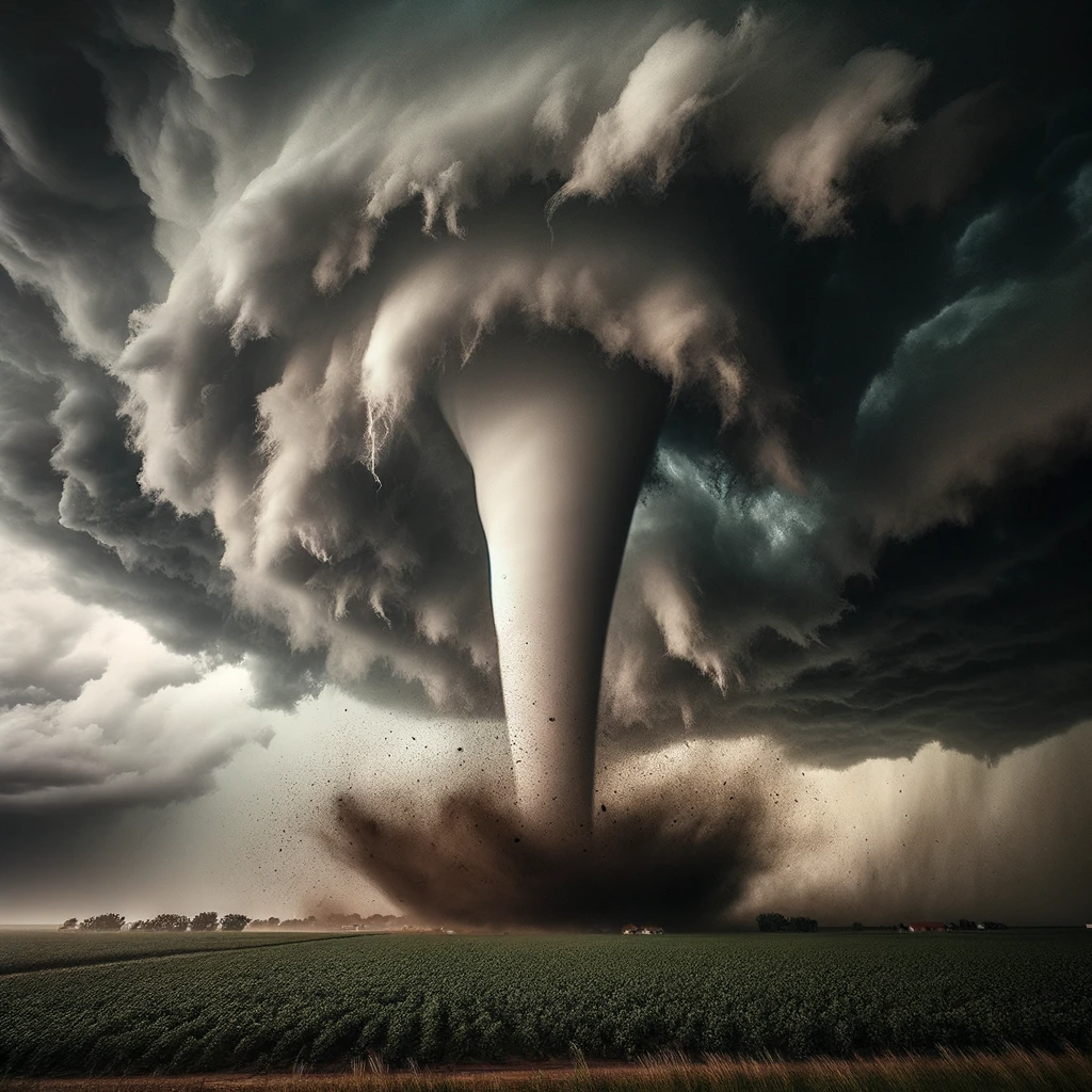 Foto de un tornado imponente en un campo abierto, con nubes oscuras y cargadas en el cielo. La base del tornado toca el suelo y levanta polvo y escombros, ilustrando la fuerza de este fenómeno natural.